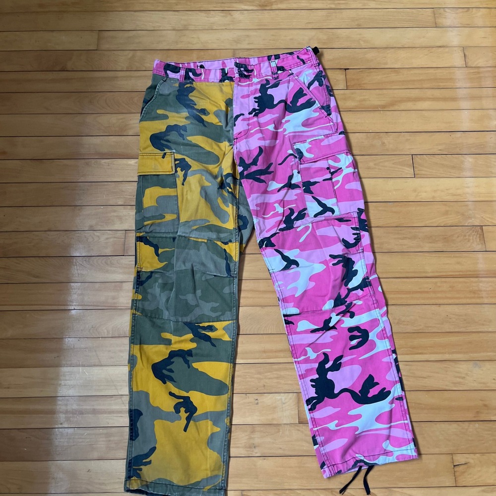 Pink and Yellow Split Camo Cargo Pants Y2K Streetwear Rothco Trousers 32x31